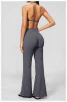 Ensemble de yoga deux pièces OEM écologique, léger, respirant, en Spandex/Nylon, avec soutien-gorge dos nu à col en V et bas évasé, taille haute, couleur unie, pour grandes tailles