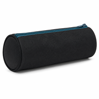 Étui à crayons cylindrique noir en toile avec fermeture éclair bleue et doublure turquoise pour l'école et le bureau