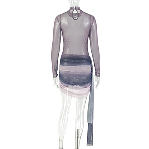 Produits tendance 2026 Robe <span class=keywords><strong>femme</strong></span> à col haut manches longues <span class=keywords><strong>dégradé</strong></span> de couleur sexy en maille plissée moulante courte décontractée d'été - Product Image 5