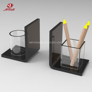 JAYI Custom Office Desktop L Shape Clear Acrylic Bookend Plexiglass Book Brochure Holder Stand with pen holder