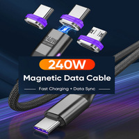 Câble de données magnétique USB 3 en 1 240W en nylon avec connecteur rotatif à 180 degrés pour tous les téléphones mobiles et consoles de jeux, ordinateurs portables