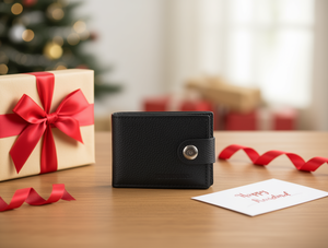 Portafoglio da uomo in vera pelle con chiusura a bottone singolo, 7 pollici, stile minimalista, set con confezione regalo - Product Image 2