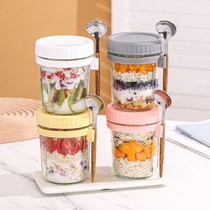 Bicchieri in Vetro Mini da 350ml 12oz per Colazione, Frappè, Yogurt, Dolci <span class=keywords><strong>e</strong></span> Cereali con Cucchiai <span class=keywords><strong>e</strong></span> Coperchi Colorati - Product Image 6