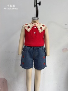 Conjunto <span class=keywords><strong>de</strong></span> <span class=keywords><strong>Ropa</strong></span> Casual <span class=keywords><strong>de</strong></span> Verano para Niñas, Top <span class=keywords><strong>sin</strong></span> Mangas con Bordado <span class=keywords><strong>de</strong></span> Fresa y Pantalones Cortos <span class=keywords><strong>de</strong></span> Mezclilla, 2 Piezas - Product Image 6