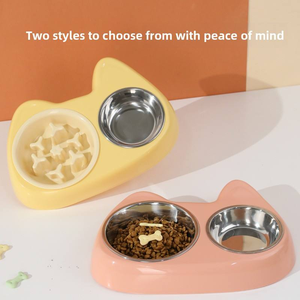 Çift Kedi Mama Kabı, Hızlı Yeme Önleyici ve Paslanmaz Çelik Kaymaz Sevimli Kedi Şeklinde Evcil Hayvan Köpek Kedi Kabı - Product Image 5