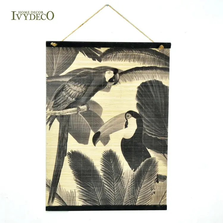 IVYDECO Produk Digital Bambu StyleCraft, Cetak Digital Pohon Tanaman Burung Di Dinding Bambu, Tirai Bambu Seni Gantung Dinding dengan Tali Rami