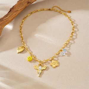 European American <b>Light</b> Luxury Winged Cross Pendant Gold Plated Stainless Steel Necklace With Flower <b>Leaf</b> Smiley Charm - Product Image 3