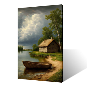 Stampa Artistica Moderna B&C ART con Paesaggio di Casa al Lago, Barca Vintage in Legno, <span class=keywords><strong>Riflessi</strong></span> Tranquilli sull'Acqua, Ispirata alla Natura ed Ecologica - Product Image 3
