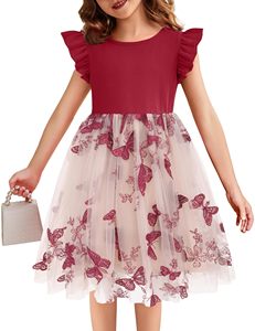 Abito da ragazza vino rosso manica volante Tutu ricamato a farfalla gonne per bambini natale festa di compleanno estate abito da principessa - Product Image 3