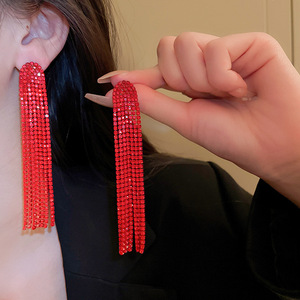 New Year <b>Red</b> Design Square Tassel Silver Pin <b>Earrings</b> for Women's Headscarves-niche Light Luxury Elegant - Product Image 1