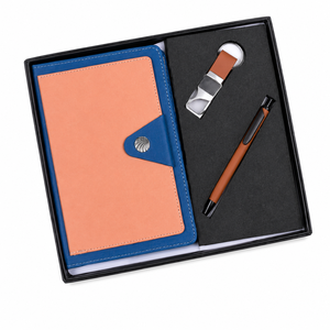 Elegante Set de Regalo Corporativo en Tonos Melocotón y Azul con un Cuaderno Premium, un Moderno Llavero Metálico y un Bolígrafo Sofisticado a Juego - Product Image 3