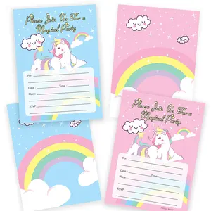 24pcs独角兽主题婴儿淋浴生日粉色蓝色派对邀请卡派对用品带信封