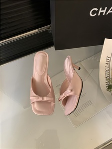 En stock Sandales d'été en soie à bout carré ouvertes, couleur unie, avec nœud, style féerique, semelle extérieure en caoutchouc, talons aiguilles - Product Image 5