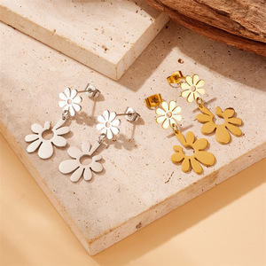 Flower Pendant <b>Earrings</b> Gold Plated Stainless Steel <b>Small</b> <b>Dangle</b> Studs For Women Fashion Accessories E5797 E5798 - Product Image 1