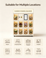 Kiosque commercial de vente de fleurs à température constante, avec éclairage LED commutable, paiement par pièces, billets et cartes bancaires pour aéroport