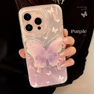 Fantaisie esthétique Lilas Papillon girly style protéger coque de téléphone avec support pour iPhone 14 15 13 12 11 Pro Max