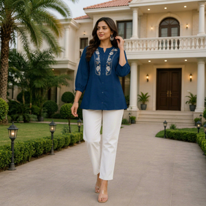 Ensemble décontracté pour femmes, haut en coton bleu brodé avec pantalon blanc, coupe ample, style Inde Pakistan, à porter toute l'année - Product Image 1
