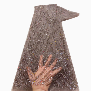 Ni. Ai sang trọng màu đỏ đính cườm ren lưới hoa cô dâu lưới thêu Sequins ren vải với ngọc trai cho vật liệu váy cưới - Product Image 6