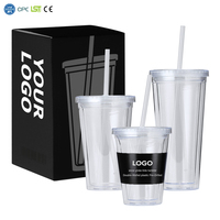 Bouteille d'eau réutilisable à double paroi personnalisable, 12oz, 16oz, 22oz, en plastique transparent pour jus, avec paille et couvercle