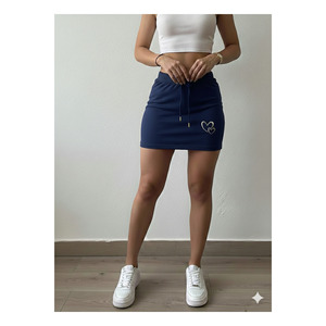Mini-jupe bleu marine pour femme, taille élastique, cordon de serrage, imprimé cœur, longueur 45 cm - Product Image 1