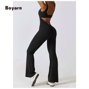 Boyarn transpirable de alta calidad con espalda hueca ropa de gimnasio espalda abierta V trasero arrugado monos de mujer - Product Image 5