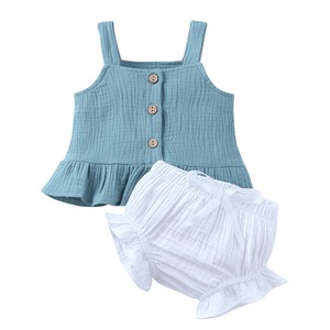 Estate bebè bretelle bretelle canottiera Shorts <span class=keywords><strong>2</strong></span> pezzi in cotone mussola tinta unita set di vestiti per neonata - Product Image 3