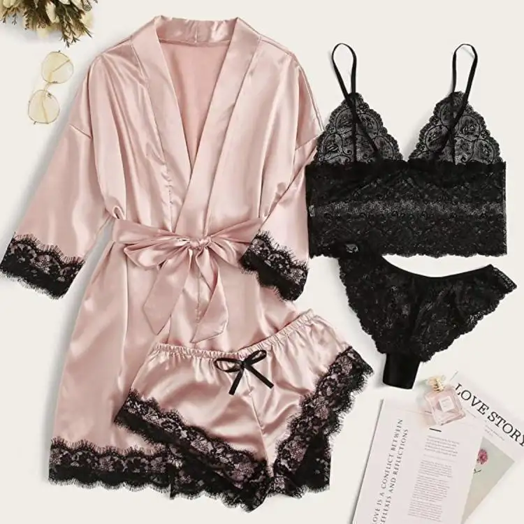 Baju Tidur Seksi Lingerie Wanita Silki Jubah Tidur Jubah Tidur 4 Potong Set Hari Valentine Lingerie Vendor untuk Lingerie