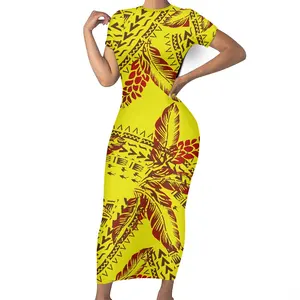 Платье женское с коротким рукавом, облегающее Макси-платье с цветочным принтом, пальмовыми листьями, с круглым вырезом, в Фиджи-самоанском, полинезийском стиле, желтое