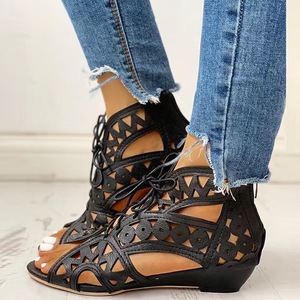 Sandales compensées à lacets pour femmes, à bout ouvert, ajourées, avec fermeture éclair arrière, style bottines d'été tendance - Product Image 3