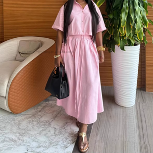 Women's Collared Striped Short-Sleeve Shirt High-Waisted Slim-Fit <b>Tie</b>-Waist Skirt African New Style 2-Piece <b>Set</b> Fashion - Product Image 2