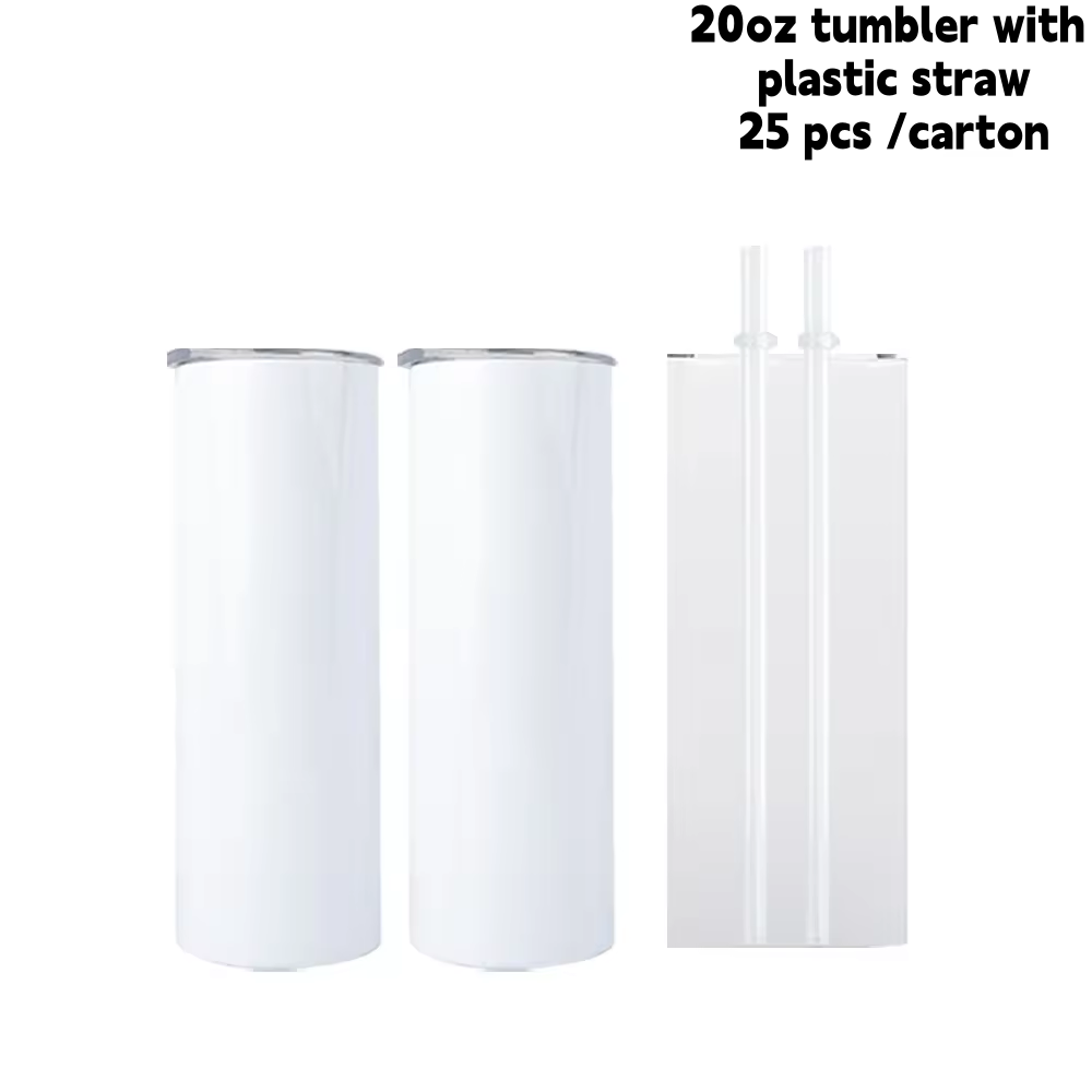 Blanc - Gobelet 20oz avec paille en plastique + fond en caoutchouc / 25 pièces