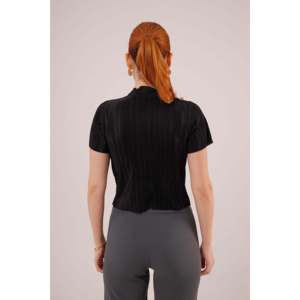 Chemisier en Soie Côtelée pour Femme, Manches Courtes, Broderie, Paillettes, Dentelle, Col Volanté, Taille XL, Formel, Plumes, Noir, Tricoté - Product Image 1