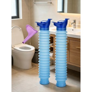 The lady stands outside the toilet cubicle, holding the emergency travel urine container inside the vehicle. - Product Image 5