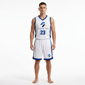 Conjunto de Uniforme de Baloncesto para Hombre Storm Fit, Blanco con Estampado Sublimado, Cuello en V, Sin Mangas, Jersey Deportivo que Absorbe la Humedad - Product Image 1