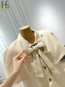 Conjunto de 3 piezas de camisa, capa y pantalones cortos con lazo, mezcla de lino de Vietnam, cuello con lazo, top de manga corta, algodón tejido transpirable, cómodo para mujer - Product Image 5