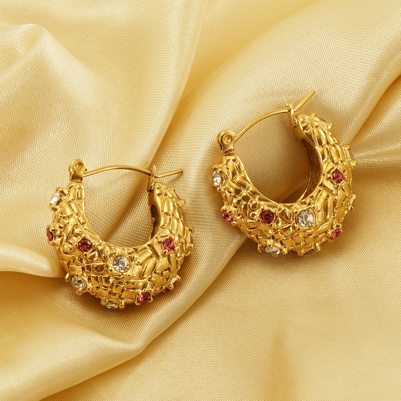 Qiuhan Stainless Steel Premium Sense Inlaid 18K Gold Earrings