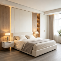 Meubles de cuisine contemporains de luxe sur mesure en MDF avec îlot en cascade, quincaillerie dorée, dressing, TV, salle à manger/salon