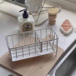 Estante de cocina doble moderno ajustable de acero inoxidable sin perforaciones para encimera, escurridor de esponjas, estante multifuncional para condimentos y trapos - Product Image 4