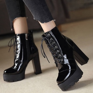 Mirror Patent Leather Platform Round Toe Women Ankle <b>Boots</b> Big Size 43 Side Zipper Chunky High Heel Short Booties for Ladies - Product Image 1