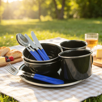 Ensemble de vaisselle en émail pour le camping en plein air - 6 pièces, assiettes, bols et tasses légers et non toxiques pour le barbecue et le pique-nique avec logo personnalisé