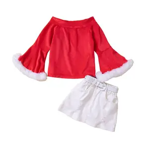 Conjunto de ropa de manga larga acampanada para niñas, ropa de princesa de terciopelo rojo, falda blanca, para Navidad, de Año Nuevo, 1 a 7T