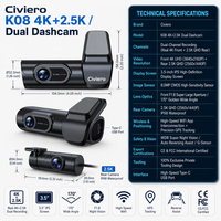 Caméra de tableau de bord double objectif 4K avec caméra arrière 1080P, vision nocturne, suivi GPS, enregistrement en boucle 24/7, caméra WiFi 25MP