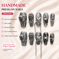 Faux ongles en acrylique 3D, motif crâne et chaîne, style gothique Halloween, forme cercueil moyenne, 10 pièces, faits main, à presser, vente en gros
