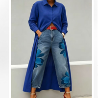 Ensemble deux pièces pour femmes, jean à jambes larges à imprimé floral et chemise à manches longues boutonnée, pour le printemps et l'automne, tenue décontractée