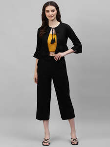 Chaqueta tipo bolero de rayón liso para mujer con volantes Dori, manga 3/4, cuello redondo, top informal - Product Image 6