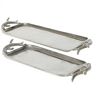 Juego de bandejas decorativas de aluminio con asas de cuerno para servir, decoración de mesa, bandeja de metal de calidad alimentaria para aperitivos y bebidas. - Product Image 1