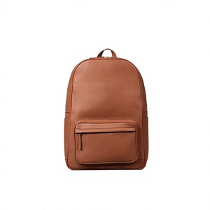 Unisex Genuine Leather <b>Backpack</b> Solid Brown Zipper Closure Front Pocket Adjustable <b>Strap</b> Durable Casual Daily Use - Product Image 1
