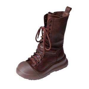 Bottes Martin mi-mollet pour femme, style britannique, nouvelle collection automne-hiver, en cuir de vachette fait main, à bout rond, lacets croisés, montantes - Product Image 5