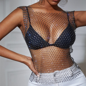 Sexy Diamonds Mesh Cropped Tank <strong>Top</strong> Women Summer Cover up Bikini See Through Rhinestone <strong>Net</strong> Party Club Crop <strong>Top</strong> - Product Image 1