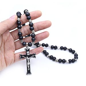 Colar rosário católico religioso de contas de madeira, colar com pingente de cruz para homens - Product Image 3